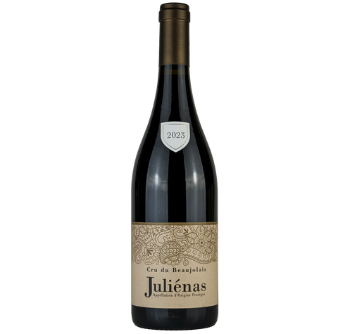 Flasche Juliénas Beaujolais 2023 Rotwein mit verziertem Etikett bei Leons Weinhaus