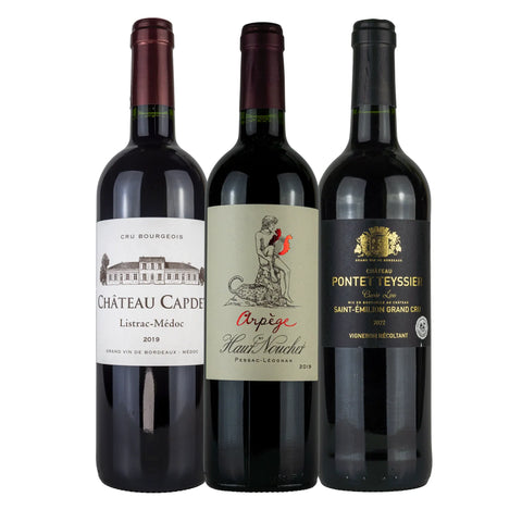 Vorderseite von 3 Weinflaschen des 3er Gourmet-Paket Bordeaux 'NEU', ein Bordeaux Rotwein Probierpaket von Leons Weinhaus