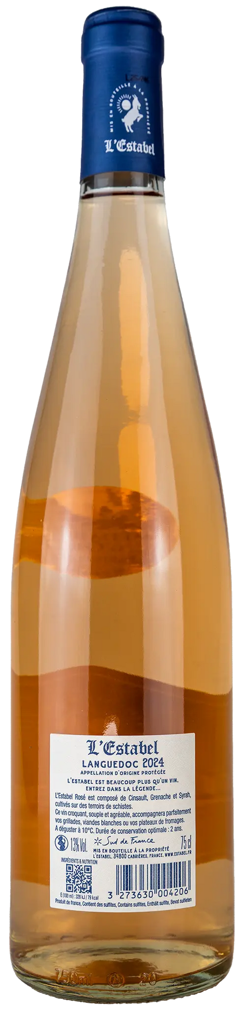 Rückseite einer Weinflasche L´Estabel rosé 2024 aus dem Longuedoc. Ein trockener Roséwein mit Goldmedaille von Leons Weinhaus
