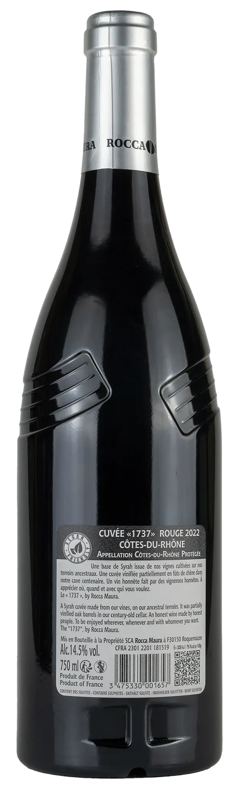 Rückseite der Weinflasche Cuvee '1737' 2022, Côtes du Rhône , mit 80% Syrah, 20% Grenache, ein trockener französischer Rotwein von Leons Weinhaus