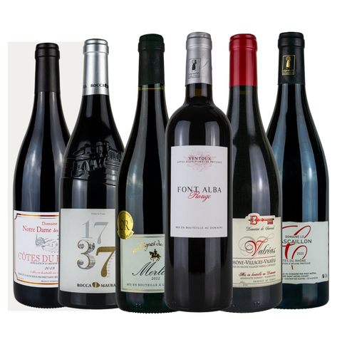Sechs Flaschen französischer Rotwein aus dem Rhône-Paket bei Leons Weinhaus