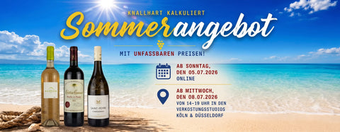 Sommerangebot 2026 von Léons Weinhaus mit Rotwein-, Weißwein- und Roséflaschen vor mediterranem Sommerhintergrund