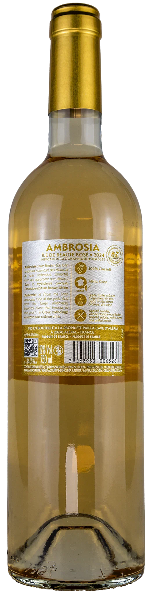 Rückseite einer Weinflasche Ambrosia Rosé 2024, von der Île de Beauté - Korsika, Ein trockener 	Roséwein von Leons Weinhaus