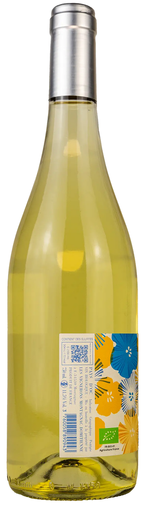 Nahaufnahme des Etiketts von Anagallis blanc 2024 aus dem Languedoc mit Details zum Wein. 