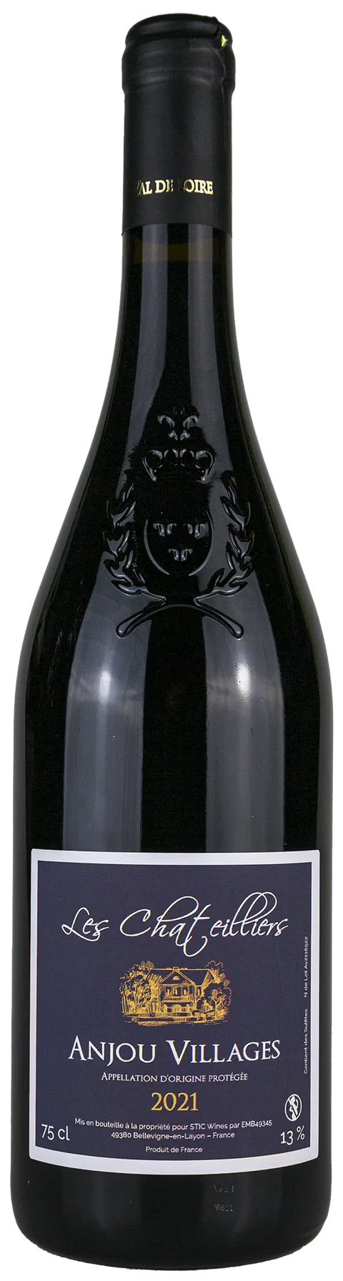 Vorderseite einer Weinflasche Les Chateilliers 2021, 100 % Cabernet Franc, aus Anjou Villages - Loire, ein trockener französischer Rotwein von Leons Weinhaus