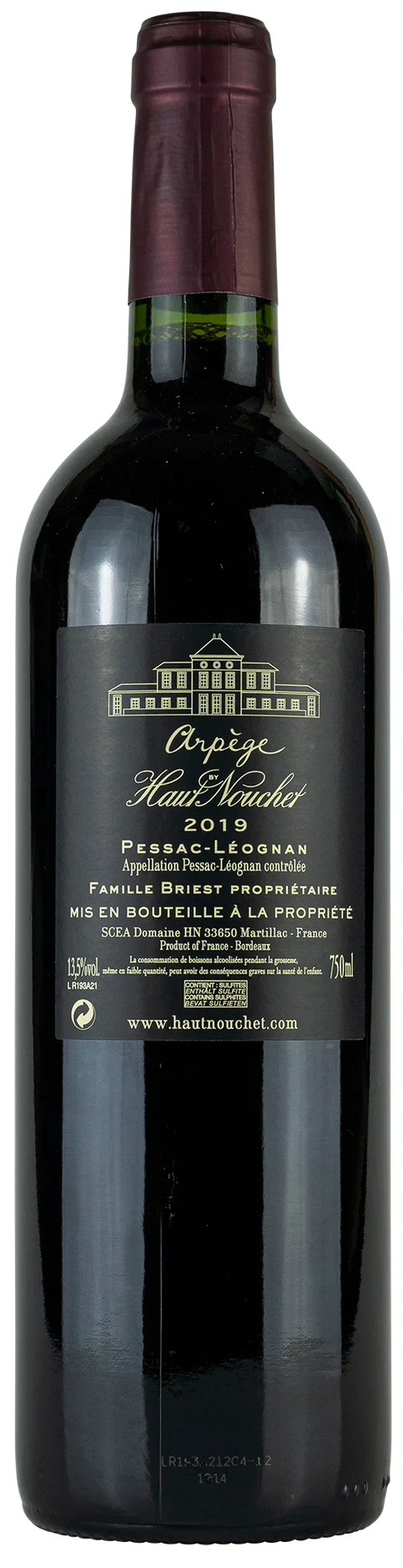 Rückseite einer Weinflasche Château Haut Nouchet 'arpège' 2019, Pessac-Léognan - Bordeaux, ein trockener Rotwein von Leons Weinhaus
