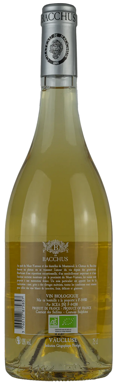Rückseite einer Weinflasche B de Bacchus 2022 aus Vaucluse von der Rhône, ein trockener Bio Weisswein von Leons Weinhaus