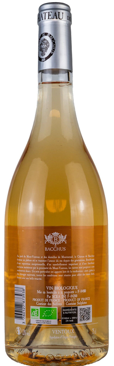 Nahaufnahme des Etiketts vom B de Bacchus rosé 2024 aus dem Ventoux Rhônegebiet mit Details zu dem Weingut und Wein. 