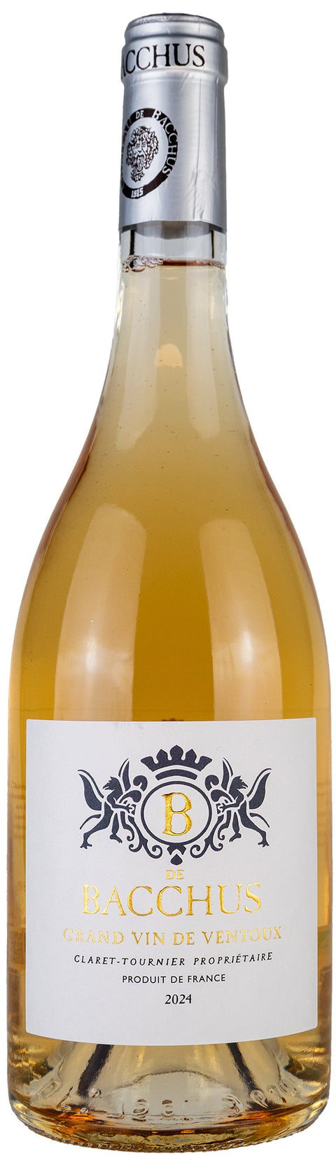 Vorderansicht der Weinflasche B de Bacchus rose 2024 aus dem Ventoux Rhône Gebiet. Ein trockener französischer Roséwein. 