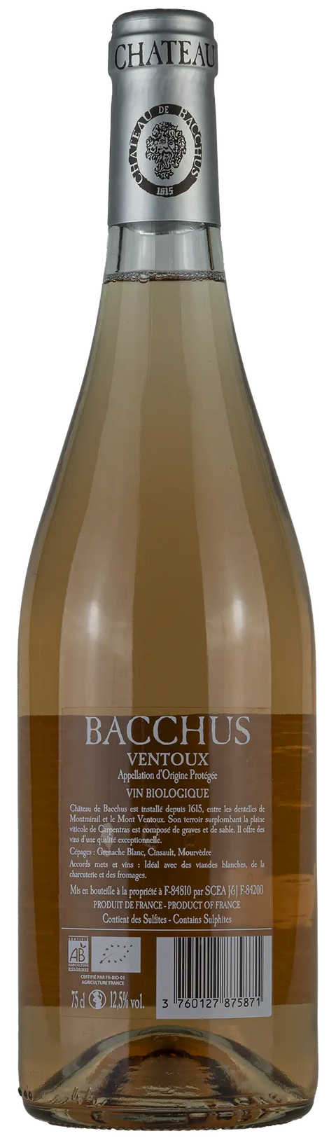 Rückseite einer Weinflasche Bacchus rosé 2023 aus Ventoux - Rhône, ein trockener französischer Roséwein von Leons Weinhaus