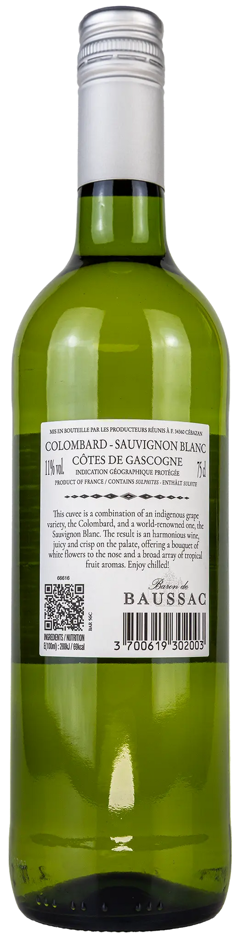 Nahaufnahme des Etiketts vom Baron de Baussac Colombard Sauvignon 2025 aus der Gascogne mit Details zu den Rebsorten Colombard und Sauvignon. Ein trockener französischer Weisswein von Leons Weinhaus.