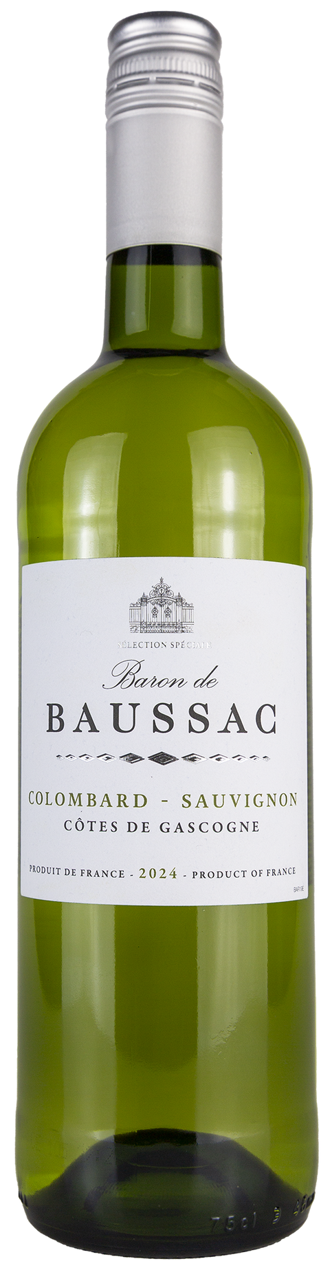 Vorderansicht der Flasche Baron de Baussac Colombard-Sauvignon Weißwein 2024 aus der Gascogne
