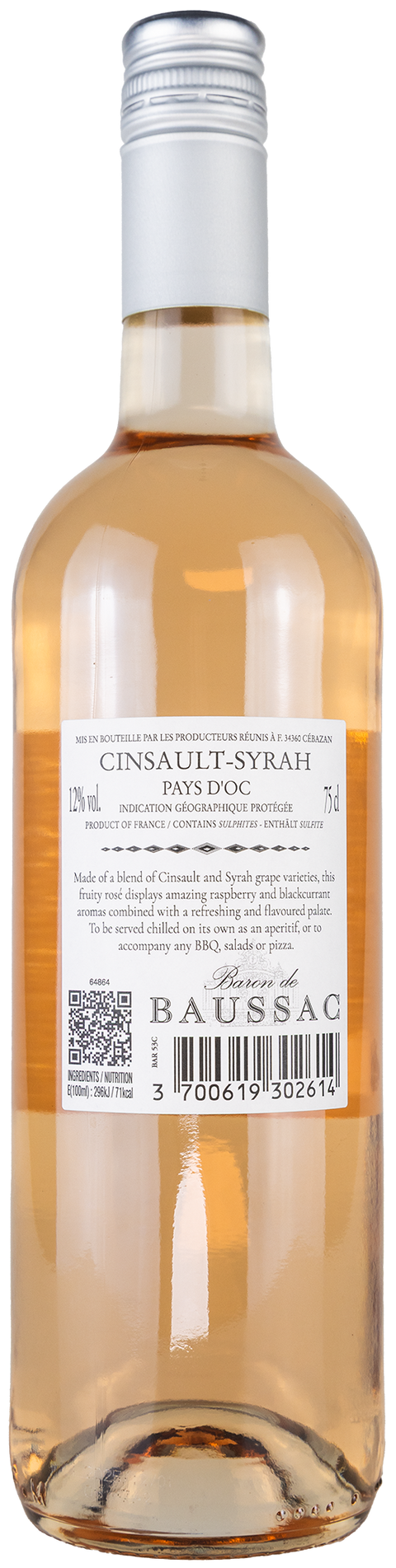 Nahaufnahme des Etiketts vom Baron de Baussac Rose 2025 mit Details zu den Rebsorten Cinsault und Syrah.