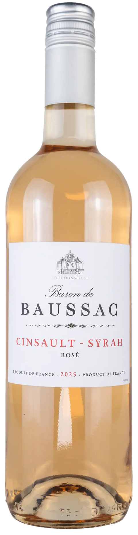 Vorderansicht der Weinflasche Baron de Baussac Rose 2025 aus dem Languedoc, ein trockener franzoesischer Wein