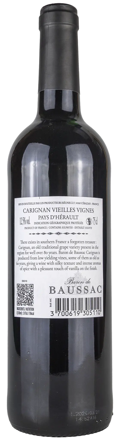 Nahaufnahme des Rückenetiketts Baron de Baussac rouge Carignan vieilles vignes 2024 mit Details zu der Rebsorte Carignan.
