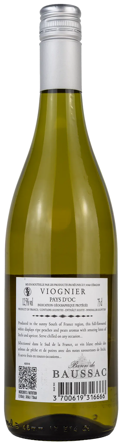 Rückseite der Weinflasche Baron de Baussac Viognier 2025 aus dem Languedoc. Ein trockener, französischer Weisswein. 