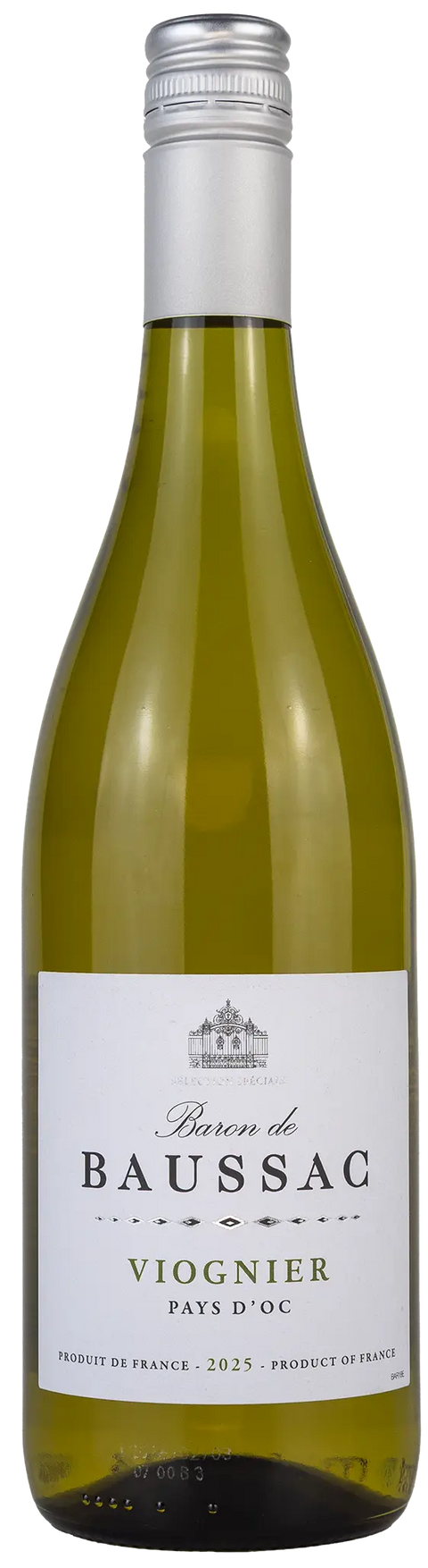 Vorderansicht der Weinflasche Baron de Baussac Viognier 2025 aus dem Languedoc. Ein trockener, französischer Weisswein. 
