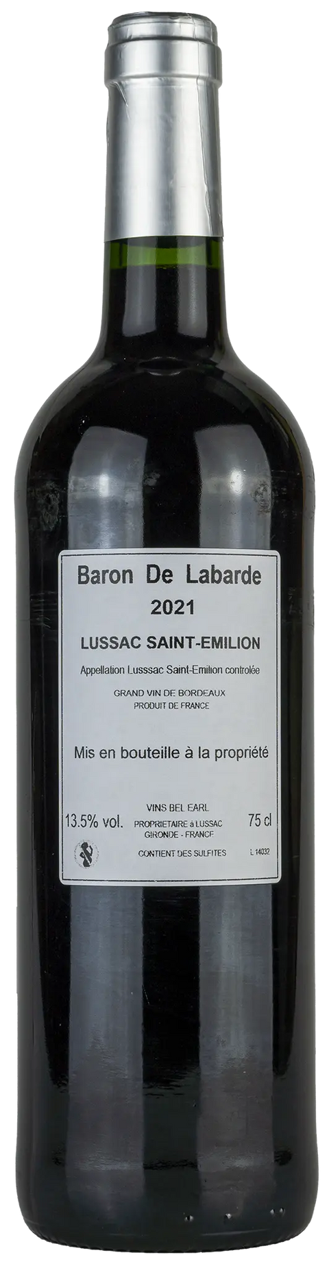 Rückseite einer Weinflasche Baron de Labarde 2021 aus Lussac Saint-Émilion - Bordeaux. Ein trockener französischer Rotwein von Leons Weinhaus