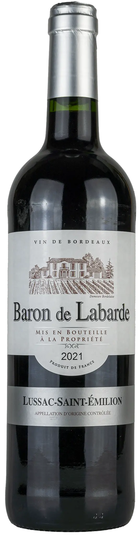 Vorderseite einer Weinflasche Baron de Labarde 2021 aus Lussac Saint-Émilion - Bordeaux. Ein trockener französischer Rotwein von Leons Weinhaus
