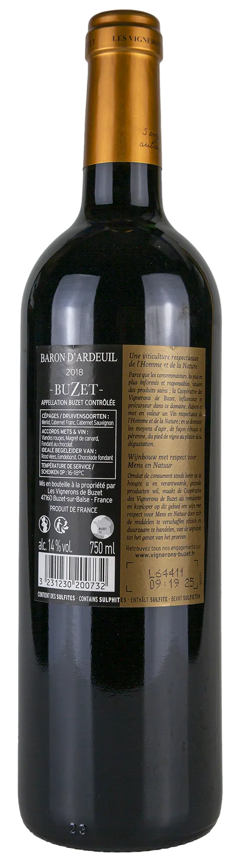 Rückseite einer Weinflasche Baron d´Ardeuil 'vieilles vignes' 2018 aus Buzet - der Region Süd-West. Ein trockener französischer Rotwein von Leons Weinhaus