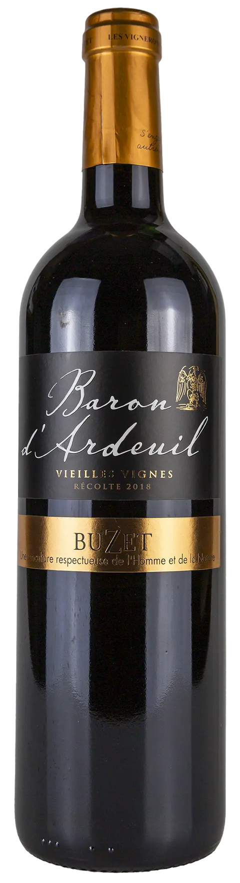 Vorderseite einer Weinflasche Baron d´Ardeuil 'vieilles vignes' 2018 aus Buzet - der Region Süd-West. Ein trockener französischer Rotwein von Leons Weinhaus