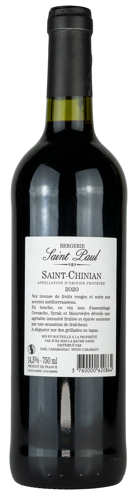 Rückseite einer Weinflasche Bergerie Saint Paul 2020 aus Saint Chinian - Languedoc. Ein trockener französischer Rotwein von Leons Weinhaus