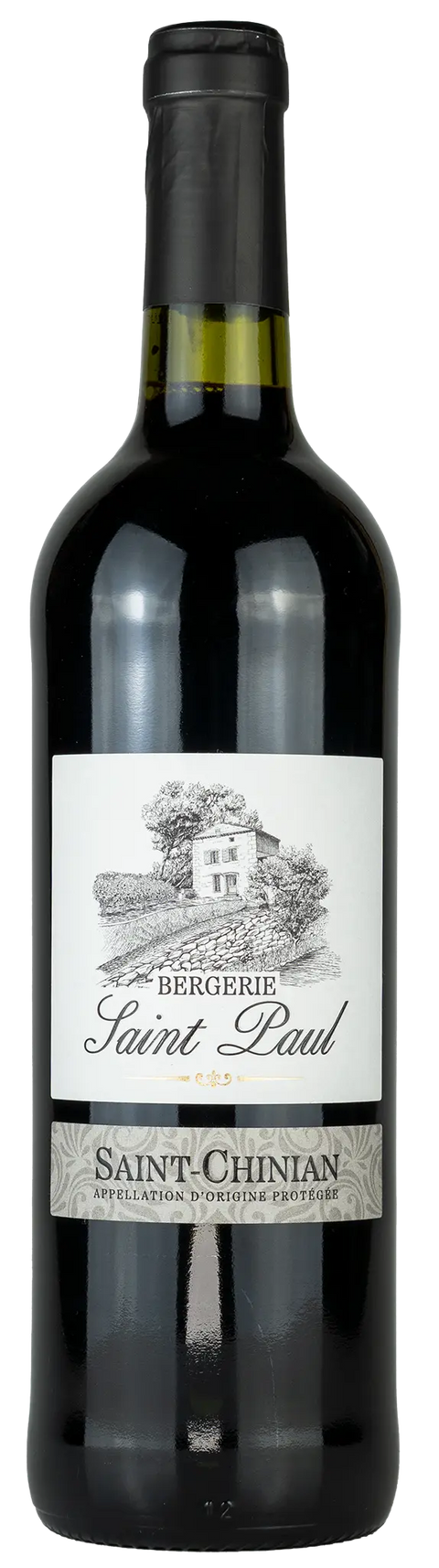 Vorderseite einer Weinflasche Bergerie Saint Paul 2020 aus Saint Chinian - Languedoc. Ein trockener französischer Rotwein von Leons Weinhaus