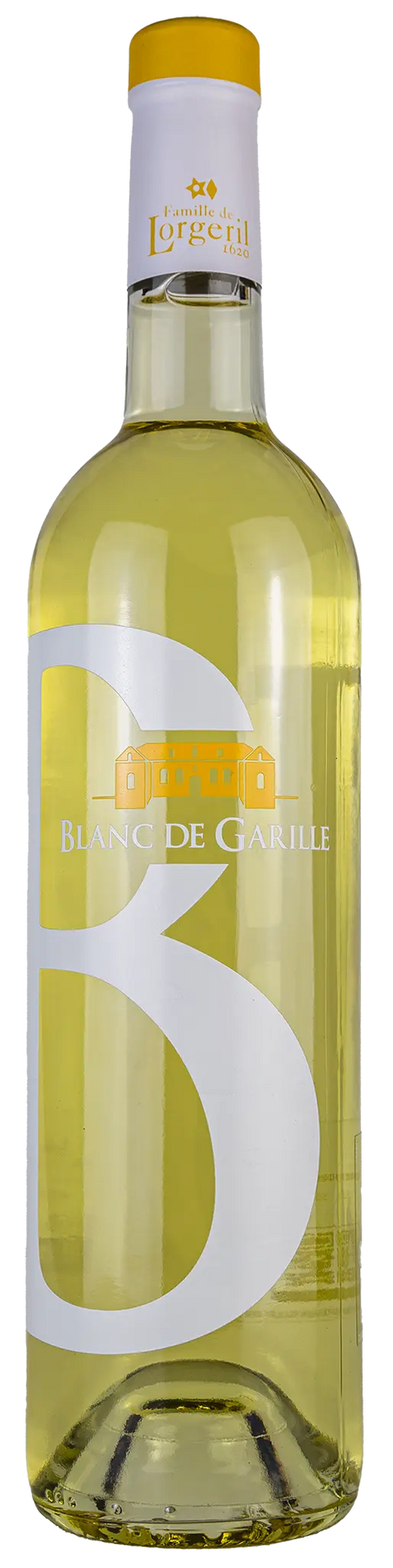 Vorderseite einer Weinflasche Blanc de Garille 2023 aus dem Pays d’Oc - Languedoc einem trockenen Weisswein von Leons Weinhaus