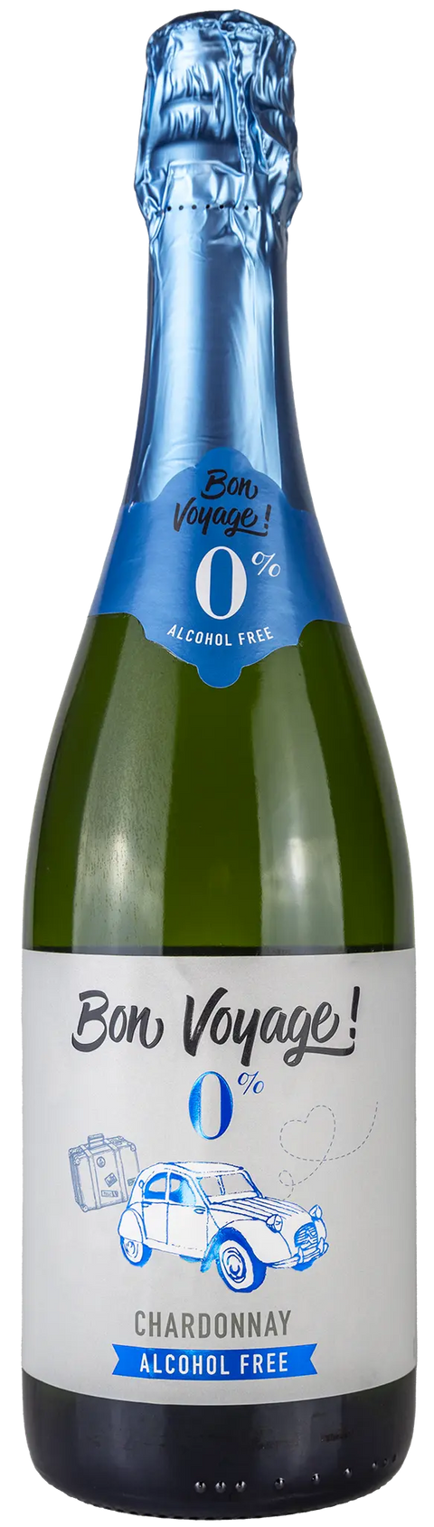 Vorderansicht der Schaumweinflasche Bon Voyage Chardonnay Schaumwein 0%vol., 100 % Chardonnay, ein trockener alkoholfreier französischer Schaumwein von Leons Weinhaus
