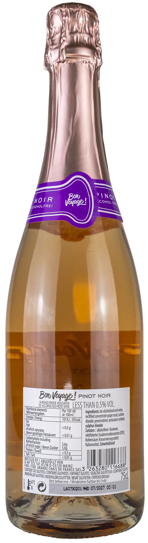 Rückseite der Schaumweinflasche Bon Voyage Pinot Noir rosé Schaumwein 0%vol., 100 % Pinot Noir, ein trockener alkoholfreier französischer Schaumwein von Leons Weinhaus