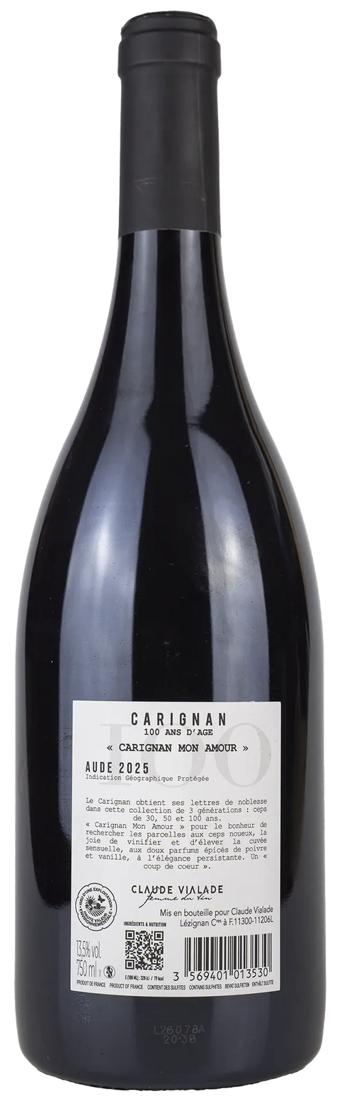 Nahaufnahme des Etiketts vom Carignan 100 ans d´age 2025 aus dem Aude Languedoc mit Details zum Wein. 