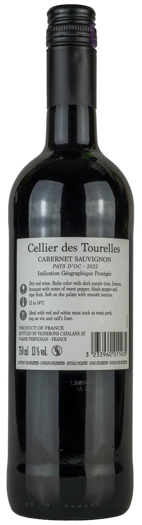 Rückseite einer Weinflasche Cellier des Tourelles 'Cabernet Sauvignon' 2022, aus Pays d’Oc - Languedoc-Roussillon, einem trockenen Rotwein aus der Rebe Cabernet Sauvignon von Leons Weinhaus