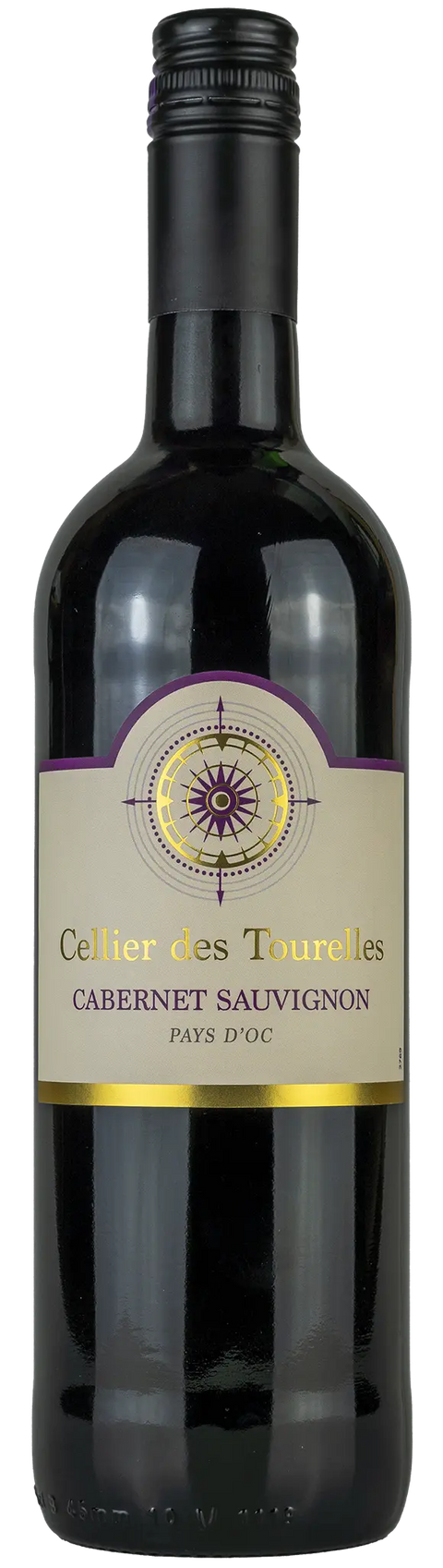 Vorderseite einer Weinflasche Cellier des Tourelles 'Cabernet Sauvignon' 2022, aus Pays d’Oc - Languedoc-Roussillon, einem trockenen Rotwein aus der Rebe Cabernet Sauvignon von Leons Weinhaus