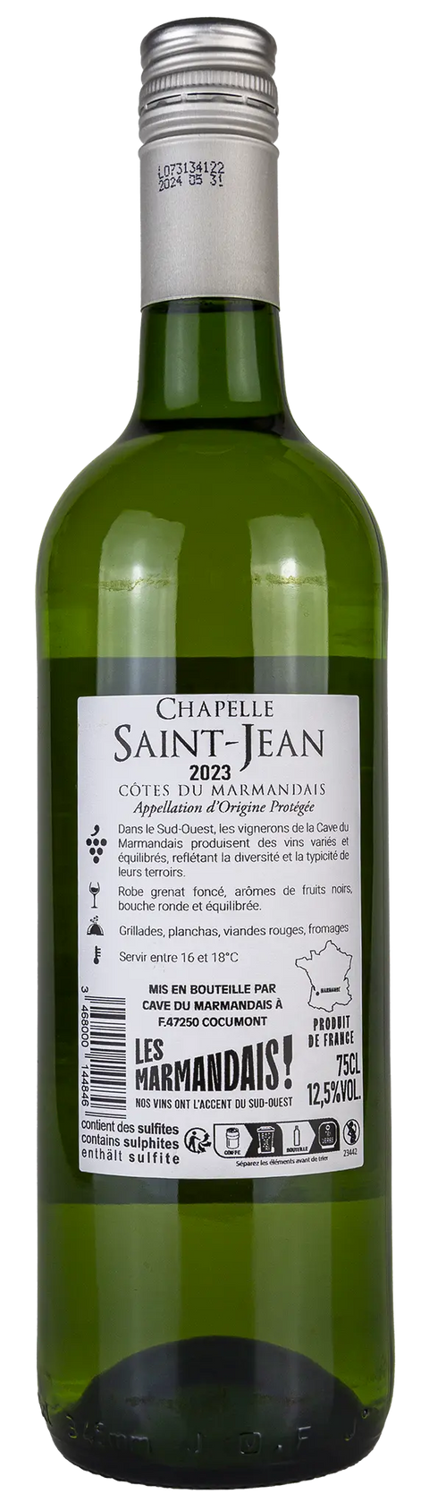 Rückseite einer Weinfasche Chapelle Saint-Jean 2023 von der Côtes du Marmandais aus der Region Süd-West, bestehend aus der Rebsorte Sauvignon Blanc, ein trockener französischer Weisswein von Leons Weinhaus