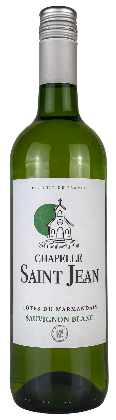 Vorderseite einer Weinfasche Chapelle Saint-Jean 2023 von der Côtes du Marmandais aus der Region Süd-West, bestehend aus der Rebsorte Sauvignon Blanc, ein trockener französischer Weisswein von Leons Weinhaus