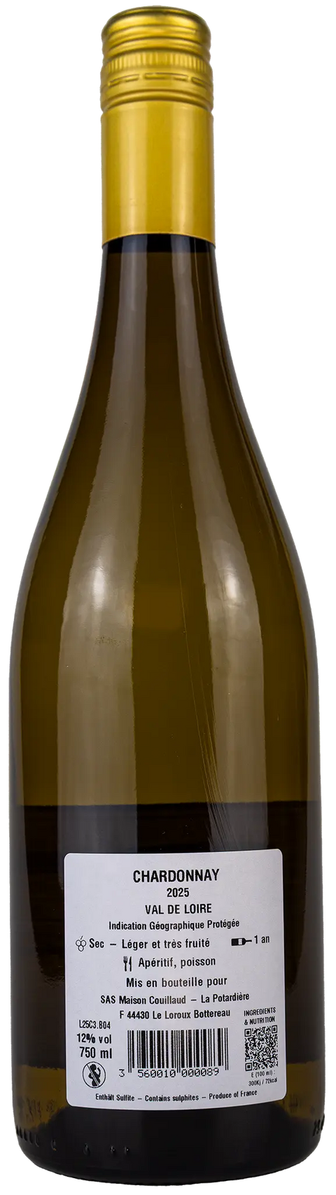 Nahaufnahme des Etiketts vom Chardonnay 'La Butte' 2025 von der Loire mit Details zum Wein. 