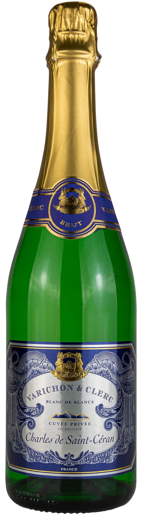 Vorderseite einer Schaumweinflasche Varichon & Clerc Charles de Saint-Céran, Blanc de Blancs Brut,  Sektflasche, französischer Schaumwein