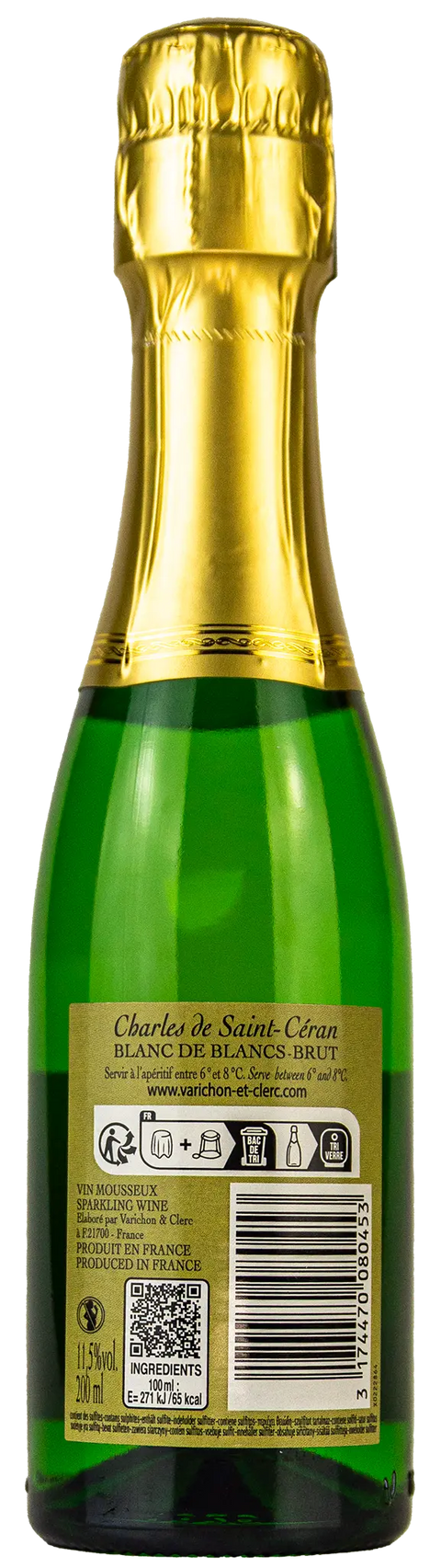Nahaufnahme des Etiketts vom Charles de Saint Ceran Blanc de Blancs brut in der 0,2l Flasche. 