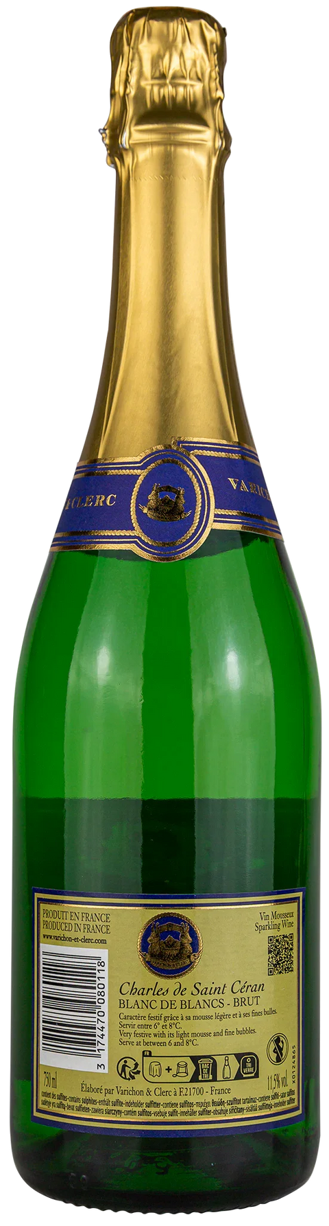 Rückseite einer Schaumweinflasche Varichon & Clerc Charles de Saint-Céran, Blanc de Blancs Brut,  Sektflasche, französischer Schaumwein