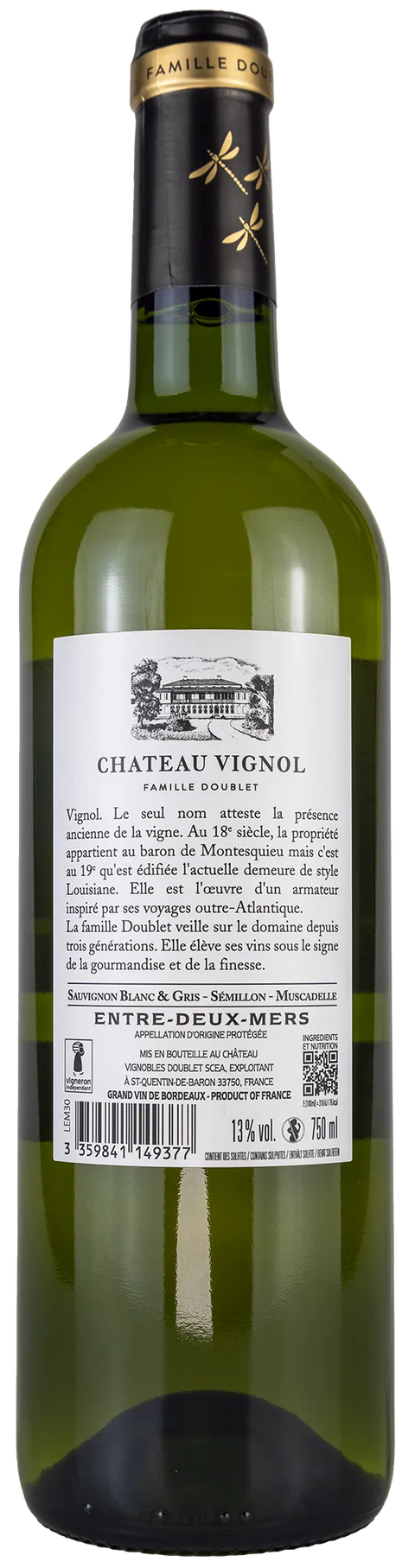 Rückseite einer Weinflasche Château Vignol 2024  aus  Entre-Deux-Mers - Bordeaux, , ein trockener französischer Weißwein. 