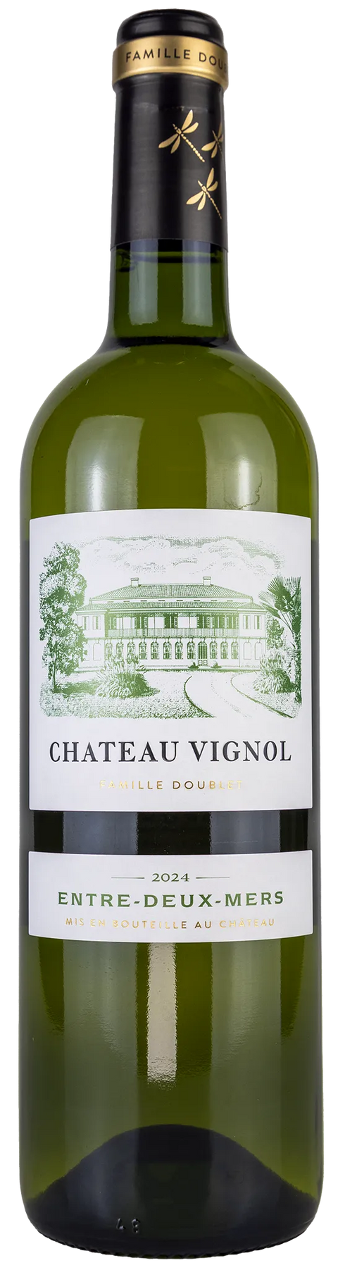 Vorderseite einer Weinflasche Château Vignol 2024  aus  Entre-Deux-Mers - Bordeaux, , ein trockener französischer Weißwein. 