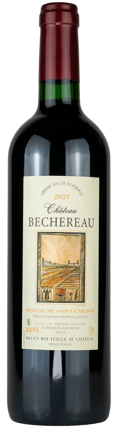 Vorderseite einer Weinflasche Château Bechereau 2021 aus Montagne St. Emilion - Bordeaux. Ein trockener Rotwein von Leons Weinhaus