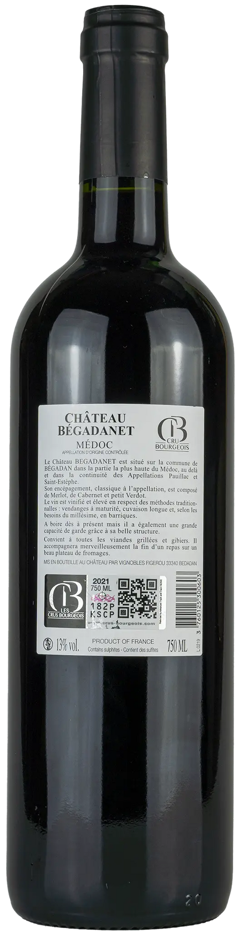 Rückseite einer Weinflasche Château Bégadanet 'Cru Bourgeois' 2021 aus dem Médoc - Bordeaux. Ein trockener französischer Rotwein mit Goldmedaille von Leons Weinhaus.