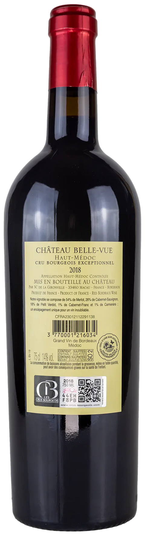 Nahaufnahme des Etiketts von Château Belle-Vue cru bourgeois exceptionnel 2018 Haut-Médoc, Bordeaux mit Details zum Wein und Weingut. 