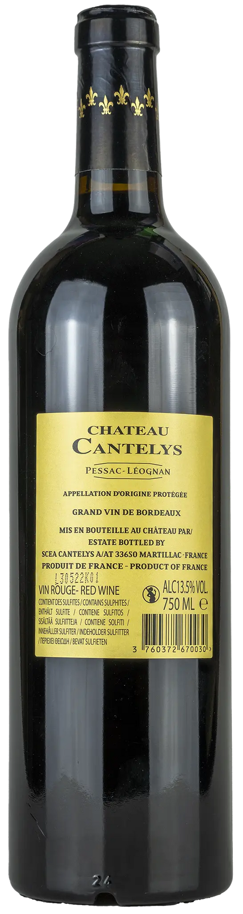Rückseite einer Weinflasche Château Cantelys 2016 aus Pessac-Léognan - Bordeaux. Einem trockenen Rotwein von Leons Weinhaus
