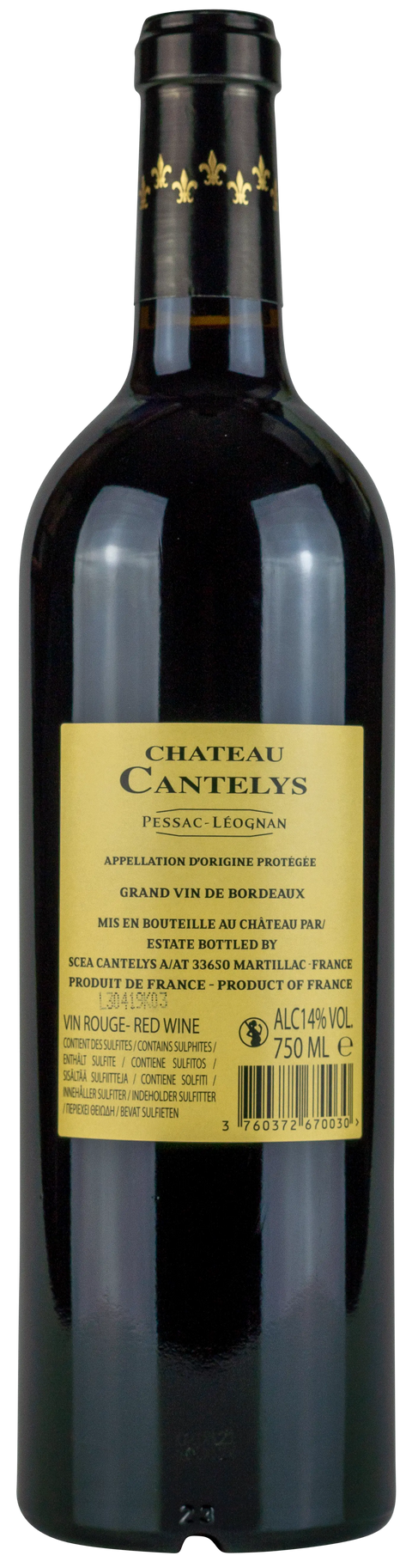 Vorderansicht einer Weinflasche Chateau Cantelys 2019 , französischer Spitzen Rotwein aus Pessac-Léognan aus Bordeaux von Leons Weinhaus