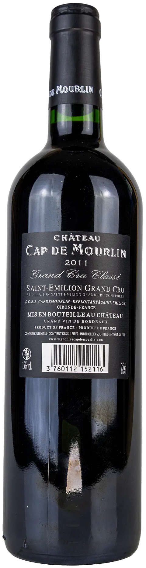 Nahaufnahme des Etiketts vom Château Cap de Mourlin 2011 aus dem Saint Emilion Grand Cru Classé, Bordeaux mit Details zum Wein. 