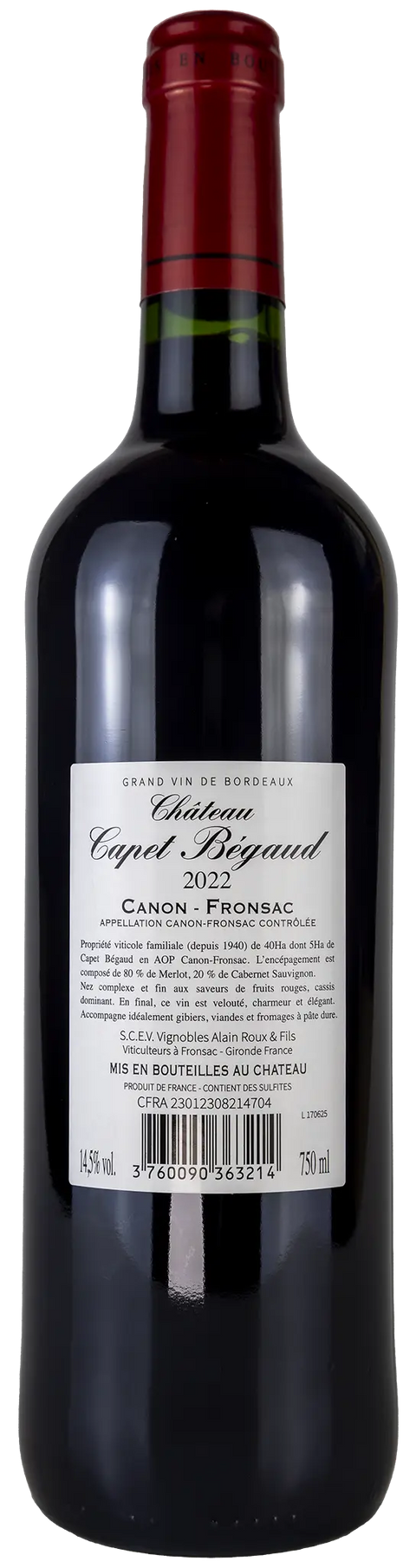 Rückseite einer Weinflasche Château Capet Bégaud 2022 aus Canon-Fronsac - Bordeaux. Ein trockener französischer Rotwein von Leons Weinhaus.