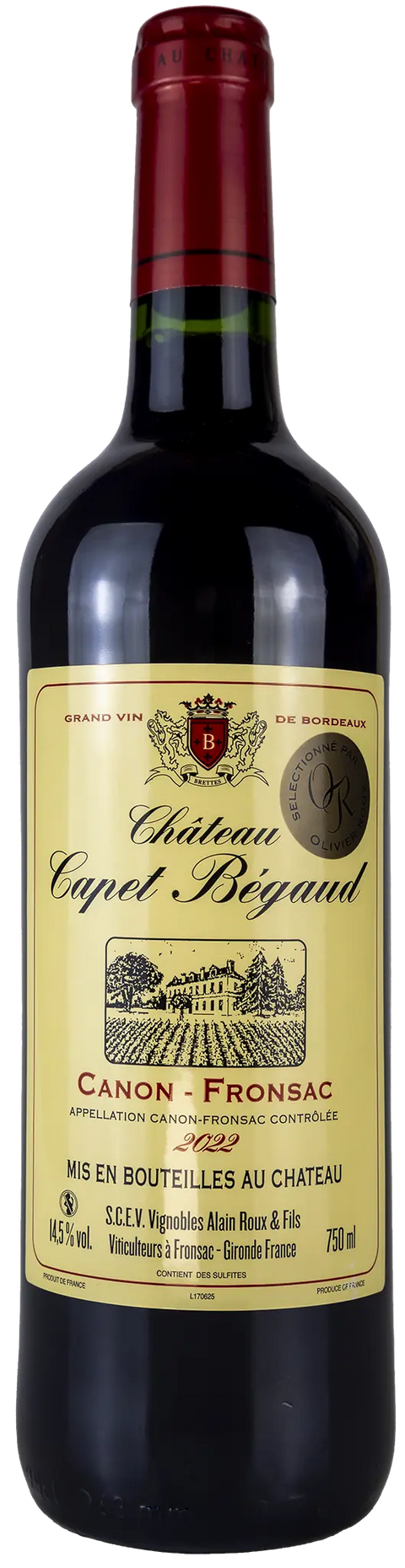 Vorderseite einer Weinflasche Château Capet Bégaud 2022 aus Canon-Fronsac - Bordeaux. Ein trockener französischer Rotwein von Leons Weinhaus.