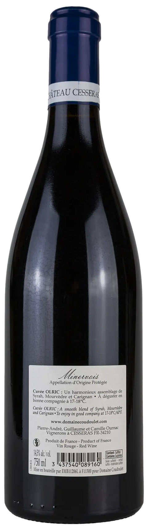 Rückseite einer Weinflasche Château Cesseras 'Cuvée Olric' 2022 aus Minervois - Languedoc. Ein trockener französischer Rotwein von Leons Weinhaus